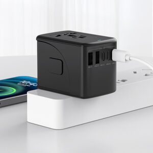 Universal Travel Adapter 2 USB-A & 3 Type C Ports 5.8A Output with Nylon Pouch Black