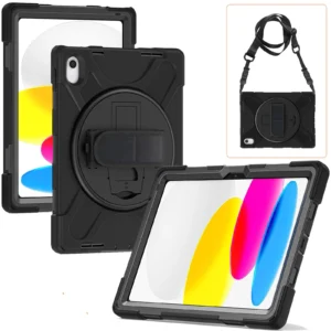 Heavy Duty Case w/Kickstand/Built-in Screen Protector/Hand & Shoulder Strap Black for iPad 10.9 2022 (10th Gen)