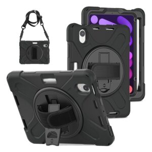 Heavy Duty Case w/Kickstand/Built-in Screen Protector/Hand & Shoulder Strap Black for iPad Mini 7/Mini 6